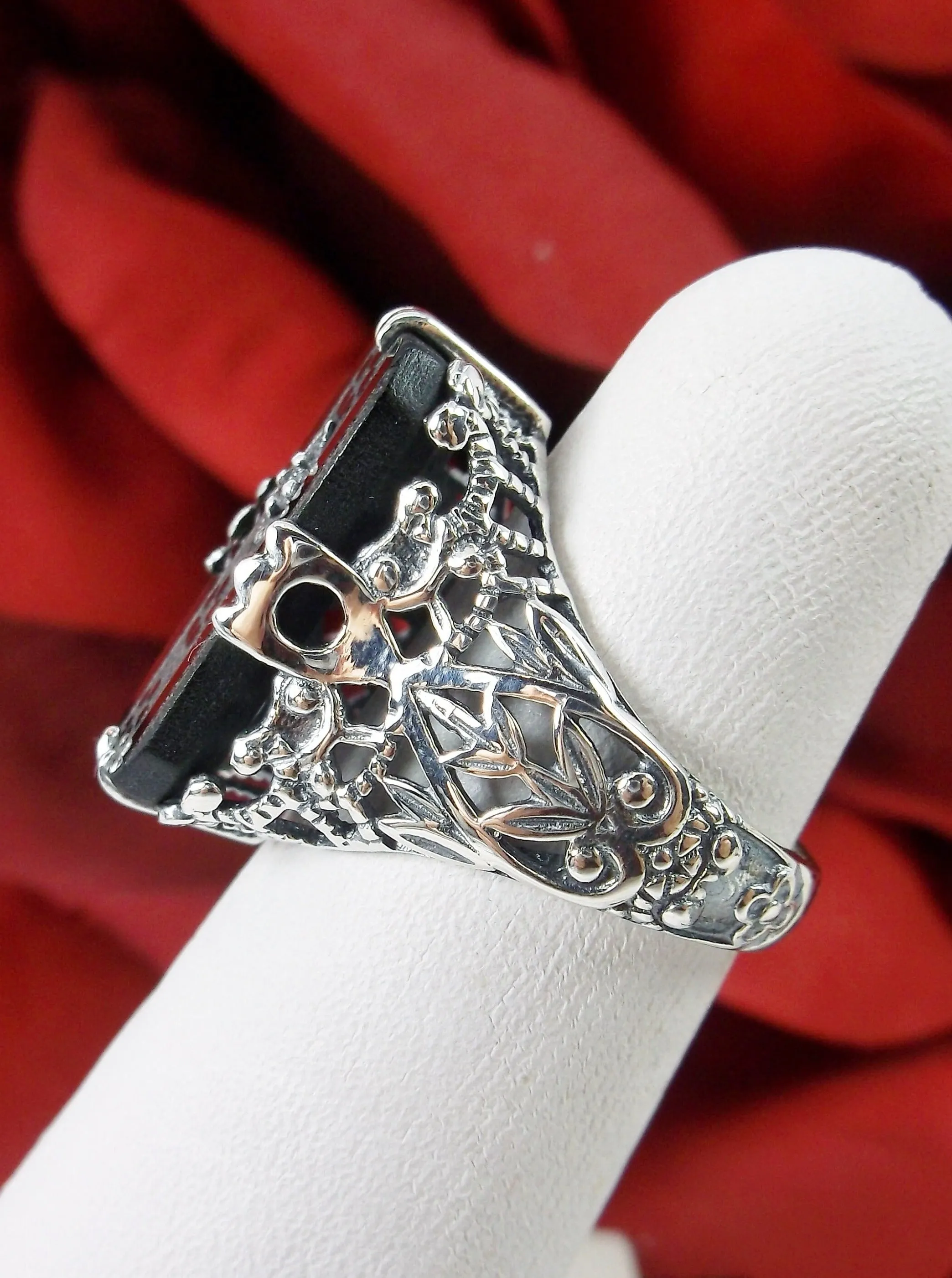 Black Carved Ring, Baguette Camphor Glass with Inset Gem, Antique Filigree Victorian Design #D31