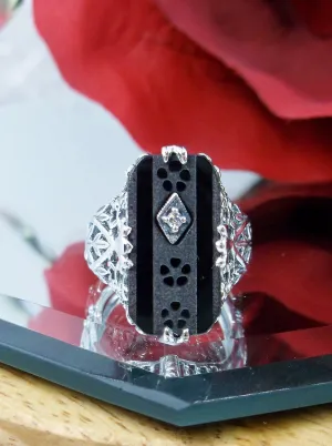 Black Carved Ring, Baguette Camphor Glass with Inset Gem, Antique Filigree Victorian Design #D31