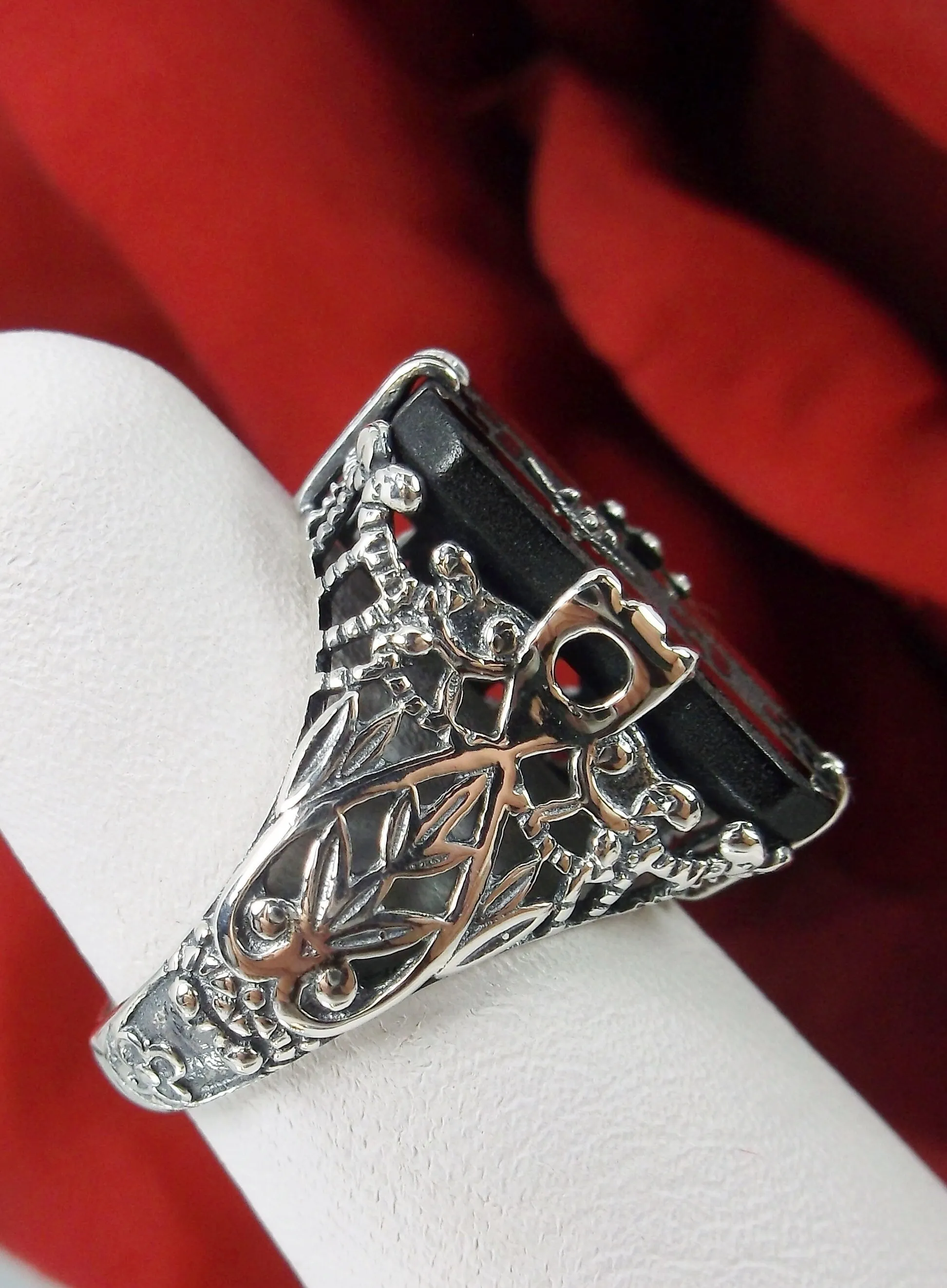 Black Carved Ring, Baguette Camphor Glass with Inset Gem, Antique Filigree Victorian Design #D31