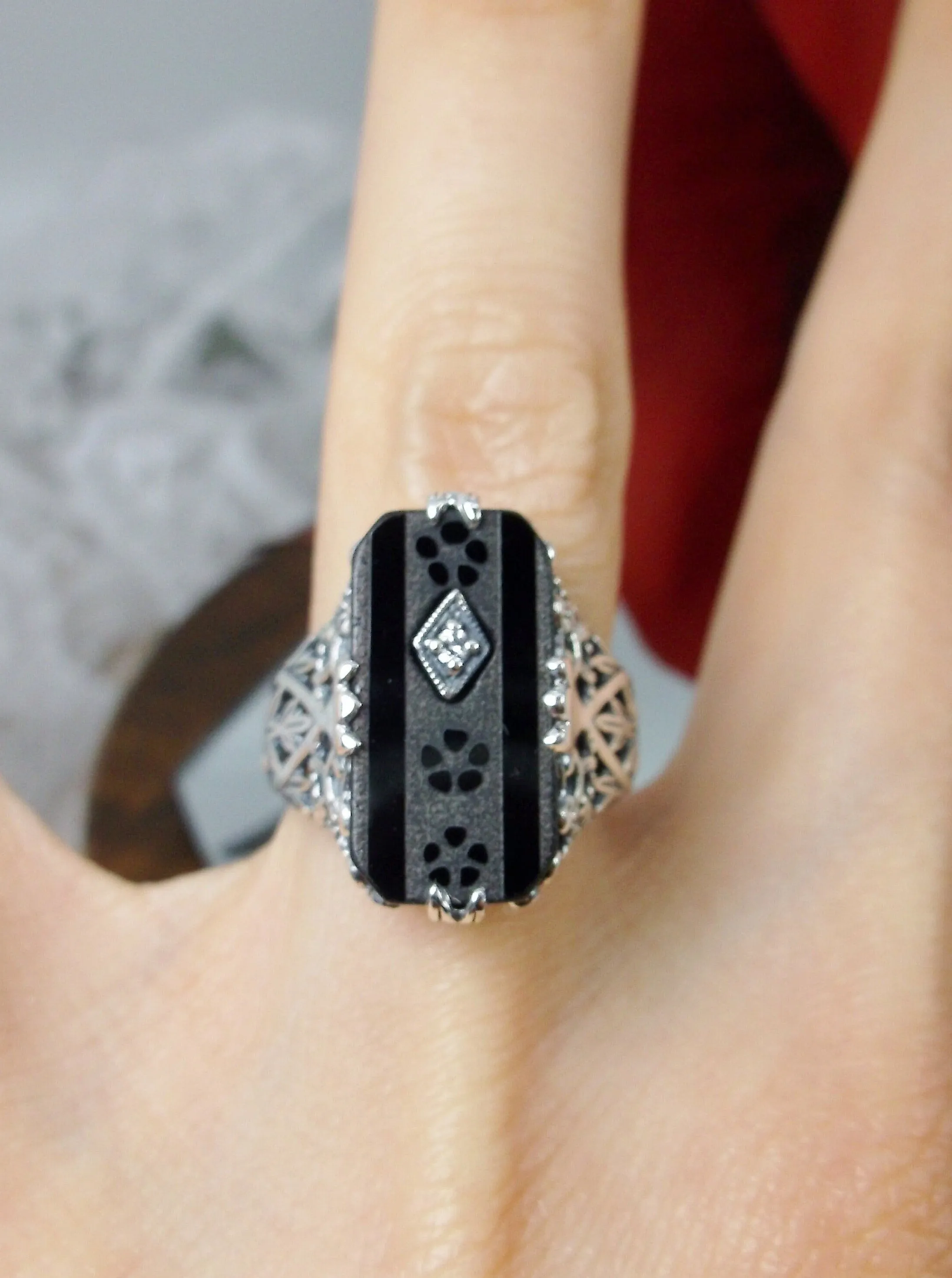 Black Carved Ring, Baguette Camphor Glass with Inset Gem, Antique Filigree Victorian Design #D31