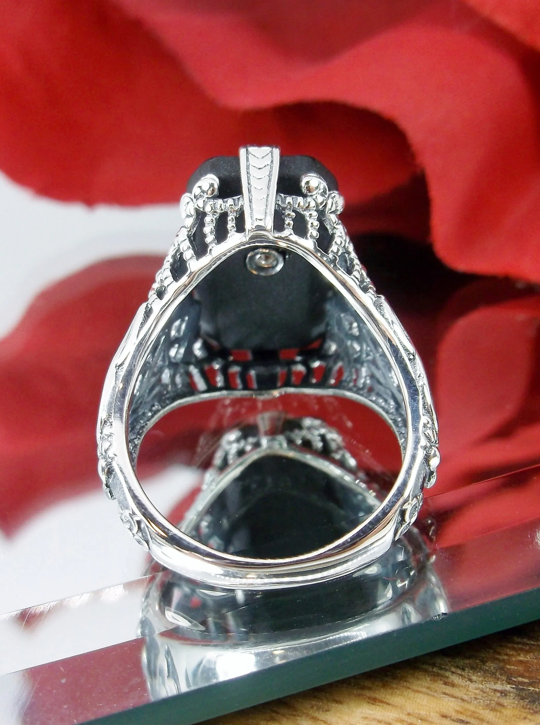 Black Carved Ring, Baguette Camphor Glass with Inset Gem, Antique Filigree Victorian Design #D31