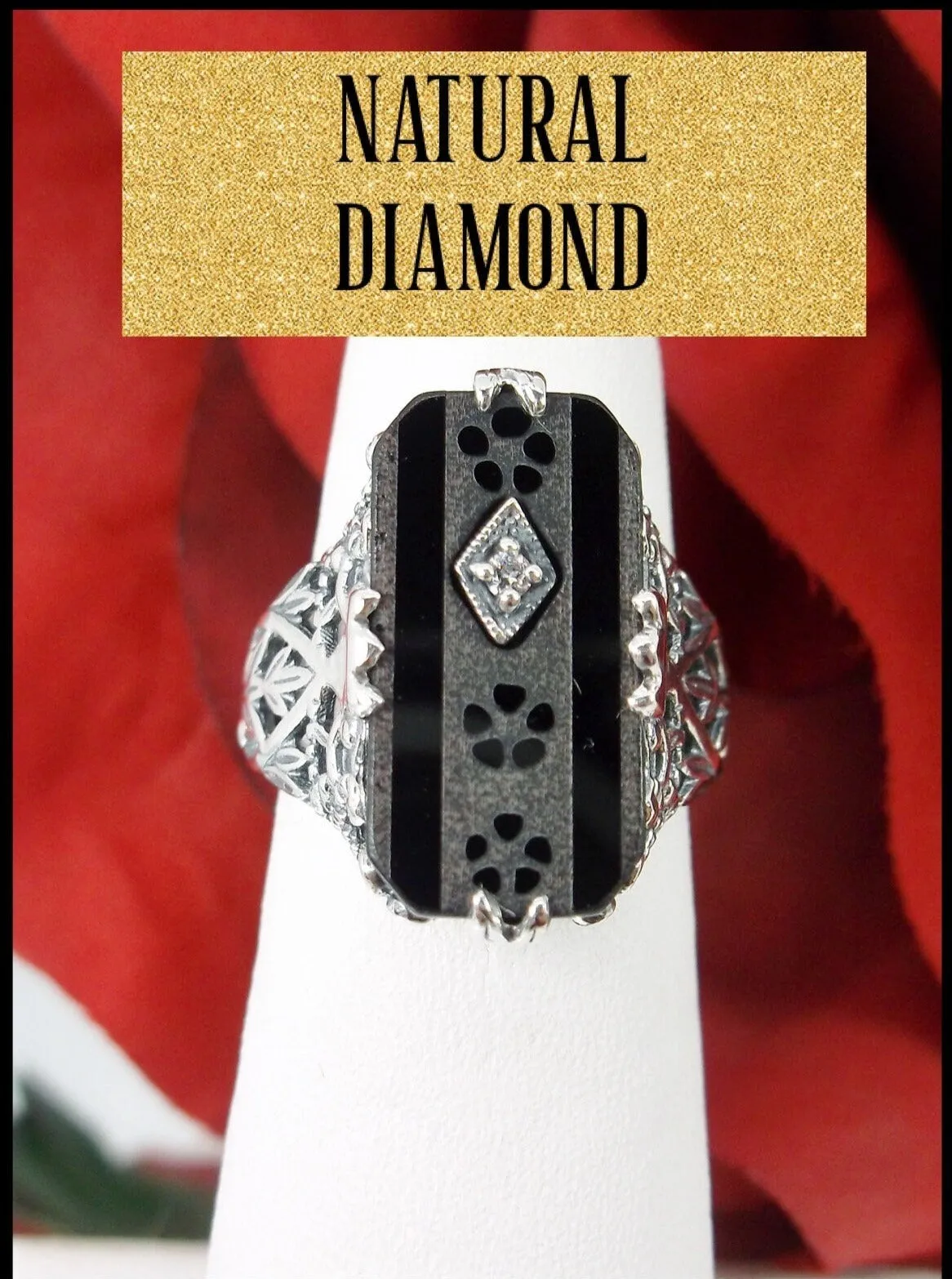 Black Carved Ring, Baguette Camphor Glass with Inset Gem, Antique Filigree Victorian Design #D31