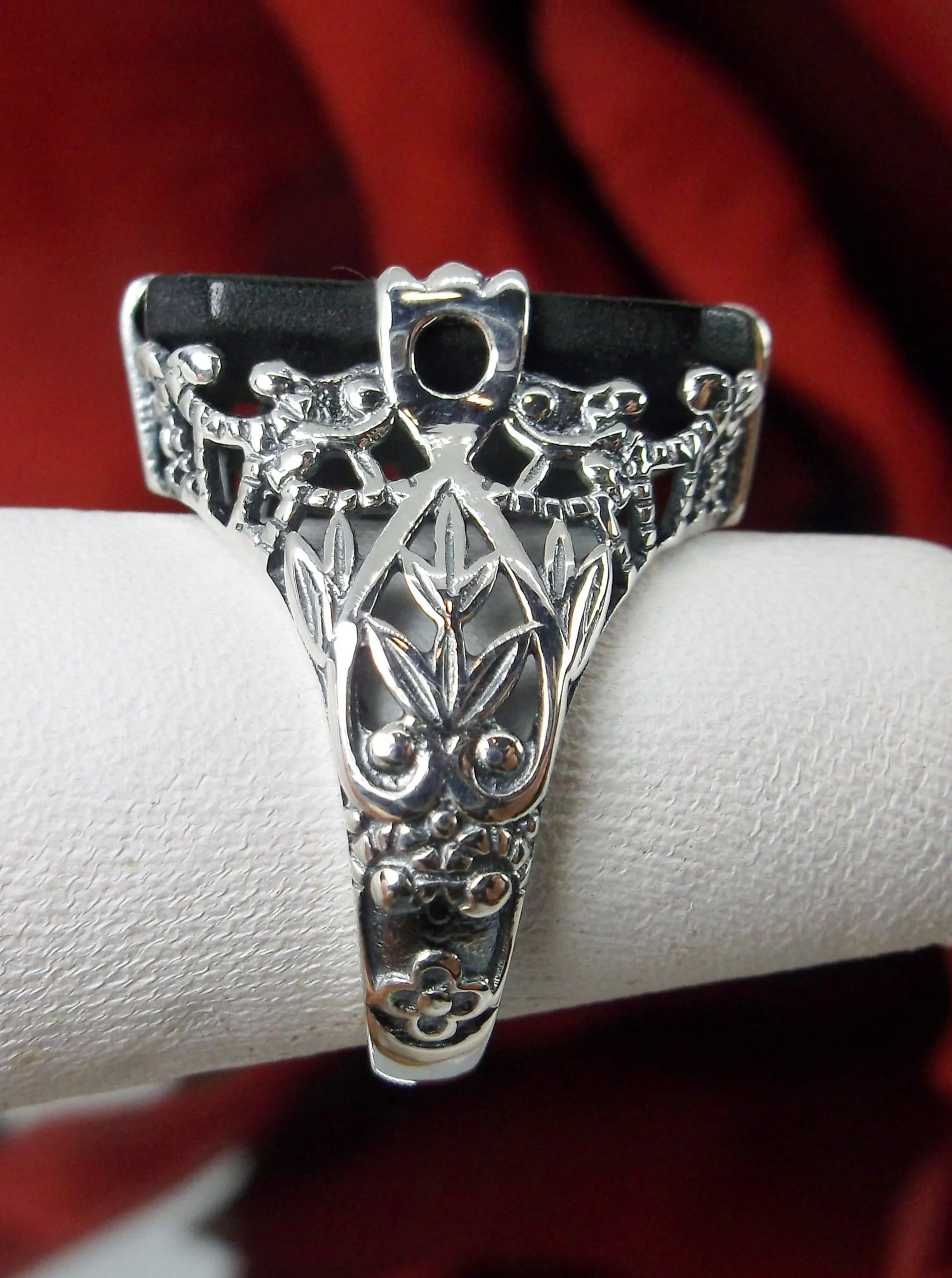 Black Carved Ring, Baguette Camphor Glass with Inset Gem, Antique Filigree Victorian Design #D31