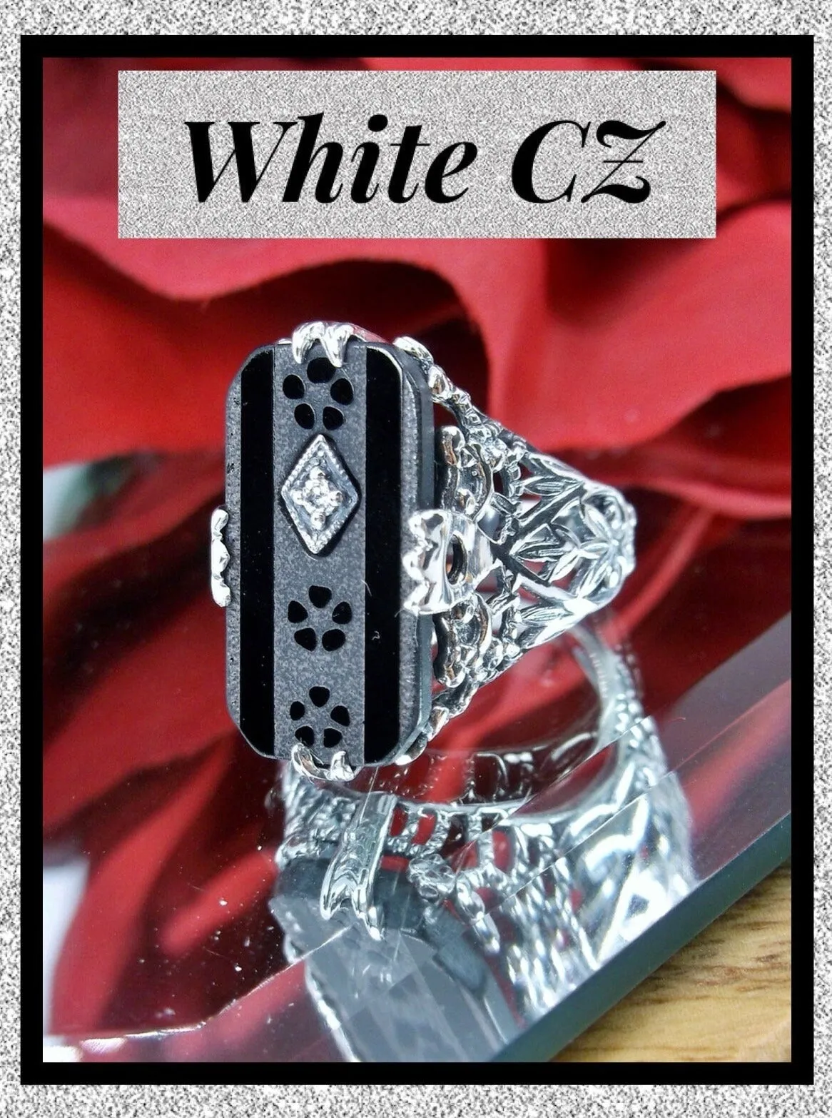 Black Carved Ring, Baguette Camphor Glass with Inset Gem, Antique Filigree Victorian Design #D31