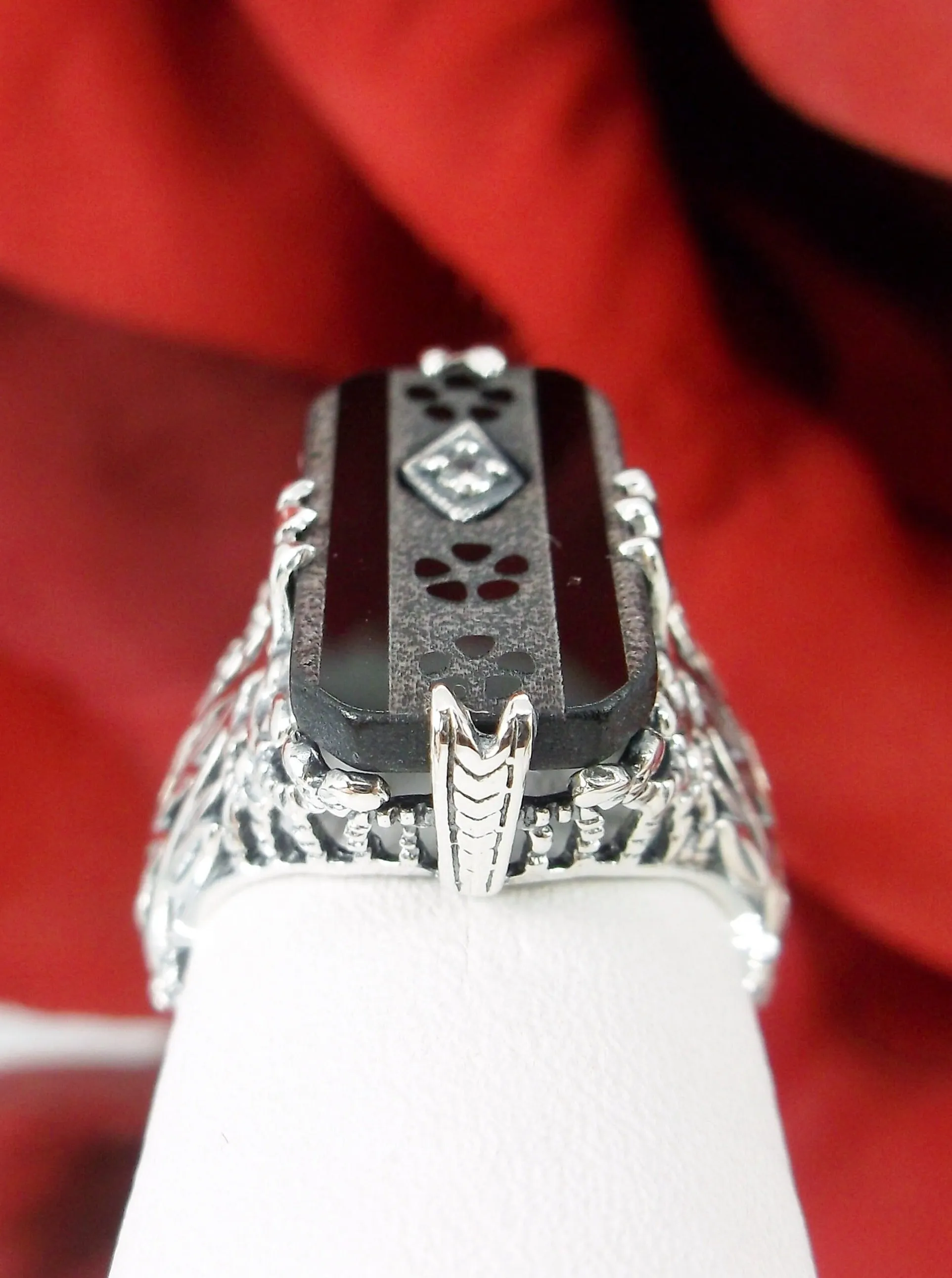 Black Carved Ring, Baguette Camphor Glass with Inset Gem, Antique Filigree Victorian Design #D31