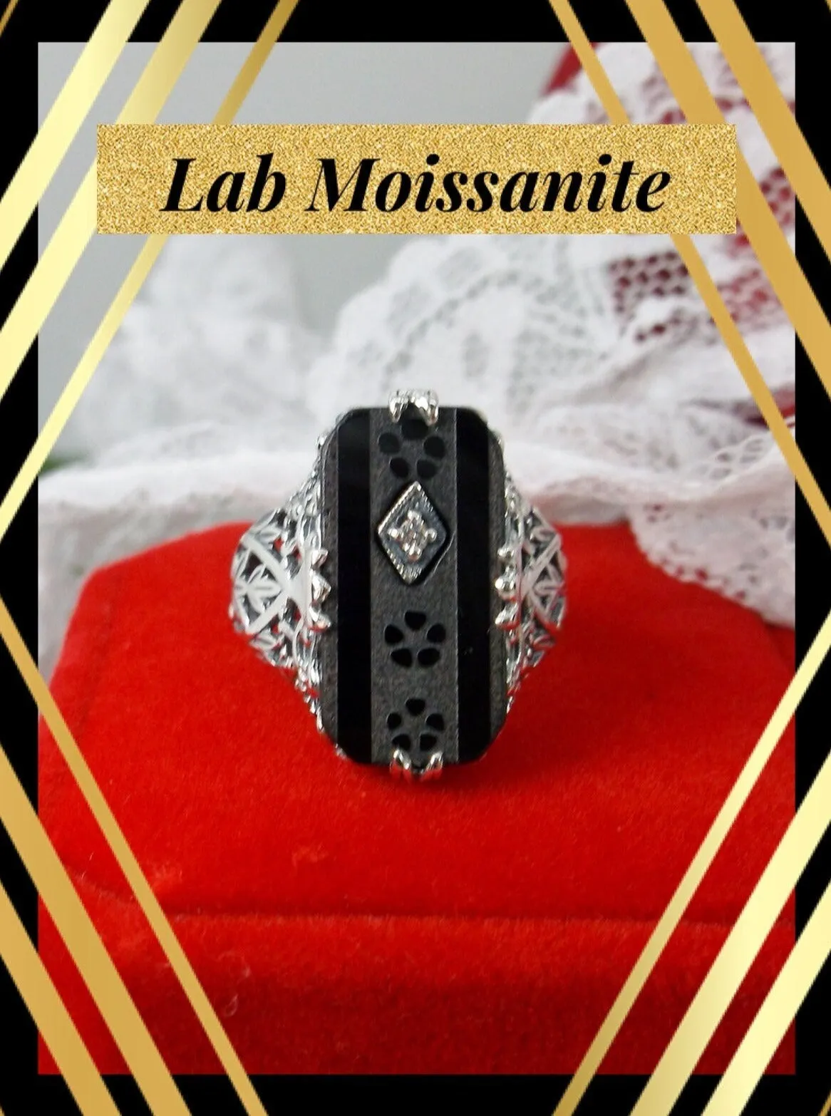 Black Carved Ring, Baguette Camphor Glass with Inset Gem, Antique Filigree Victorian Design #D31