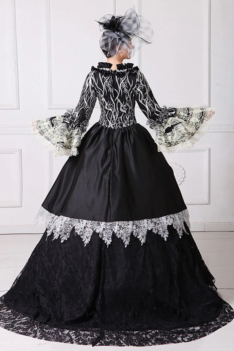 Black Multi-Layer Lace Stitching Trumpet Sleeves High Waisted Hollow Floral Embroidery Victorian Lolita Prom Dress
