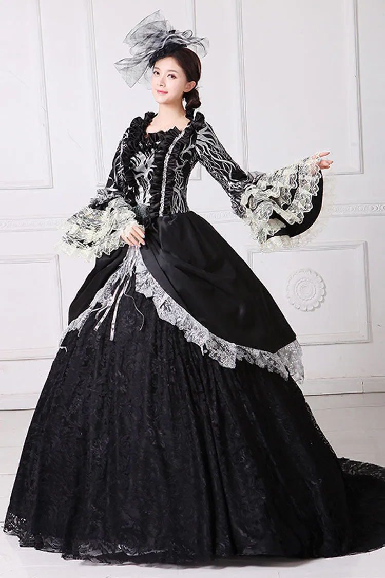 Black Multi-Layer Lace Stitching Trumpet Sleeves High Waisted Hollow Floral Embroidery Victorian Lolita Prom Dress