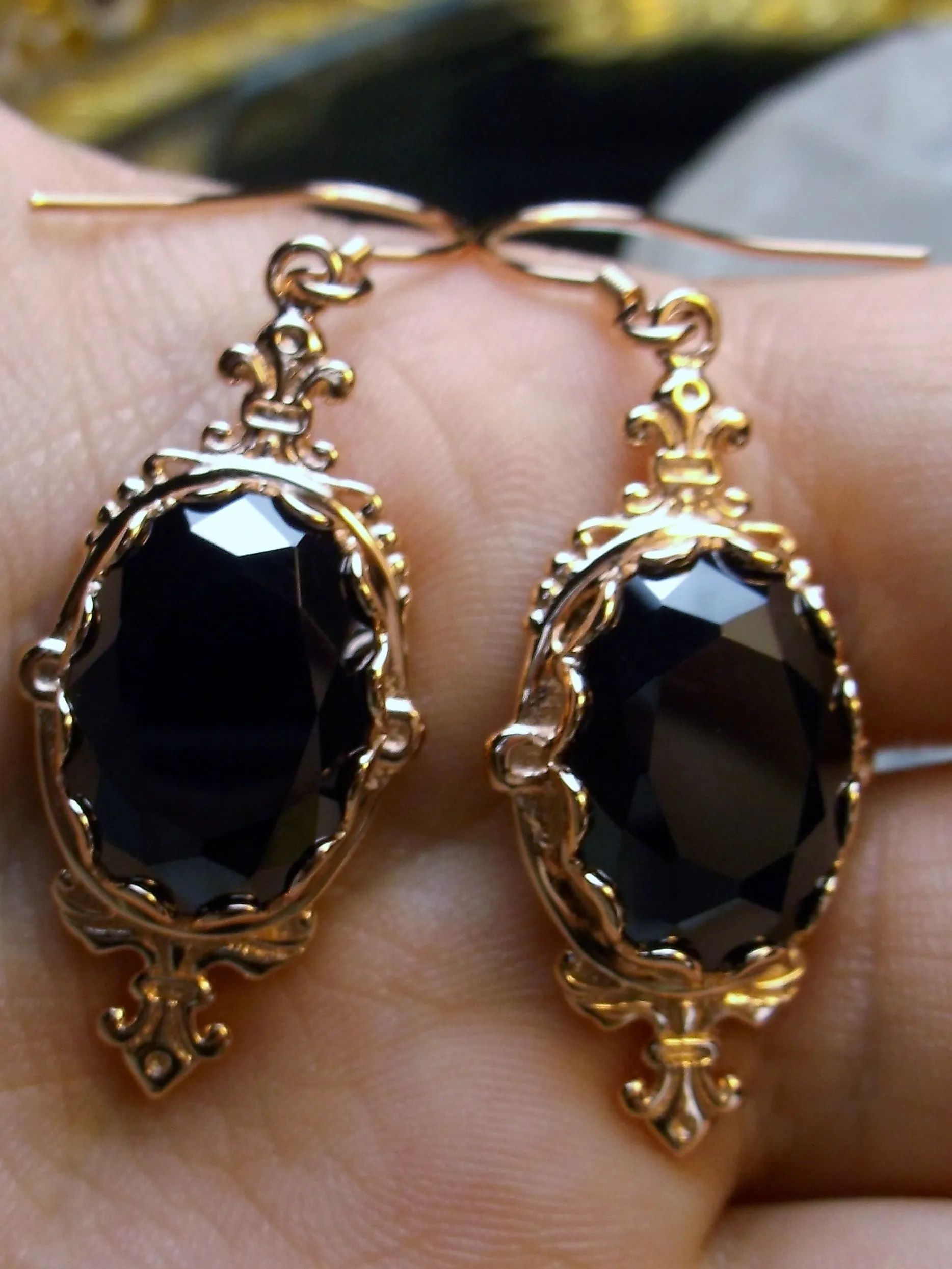 Black Onyx Earrings, Rose Gold plated-Natural Black Onyx or Black CZ, Victorian Jewelry #E18