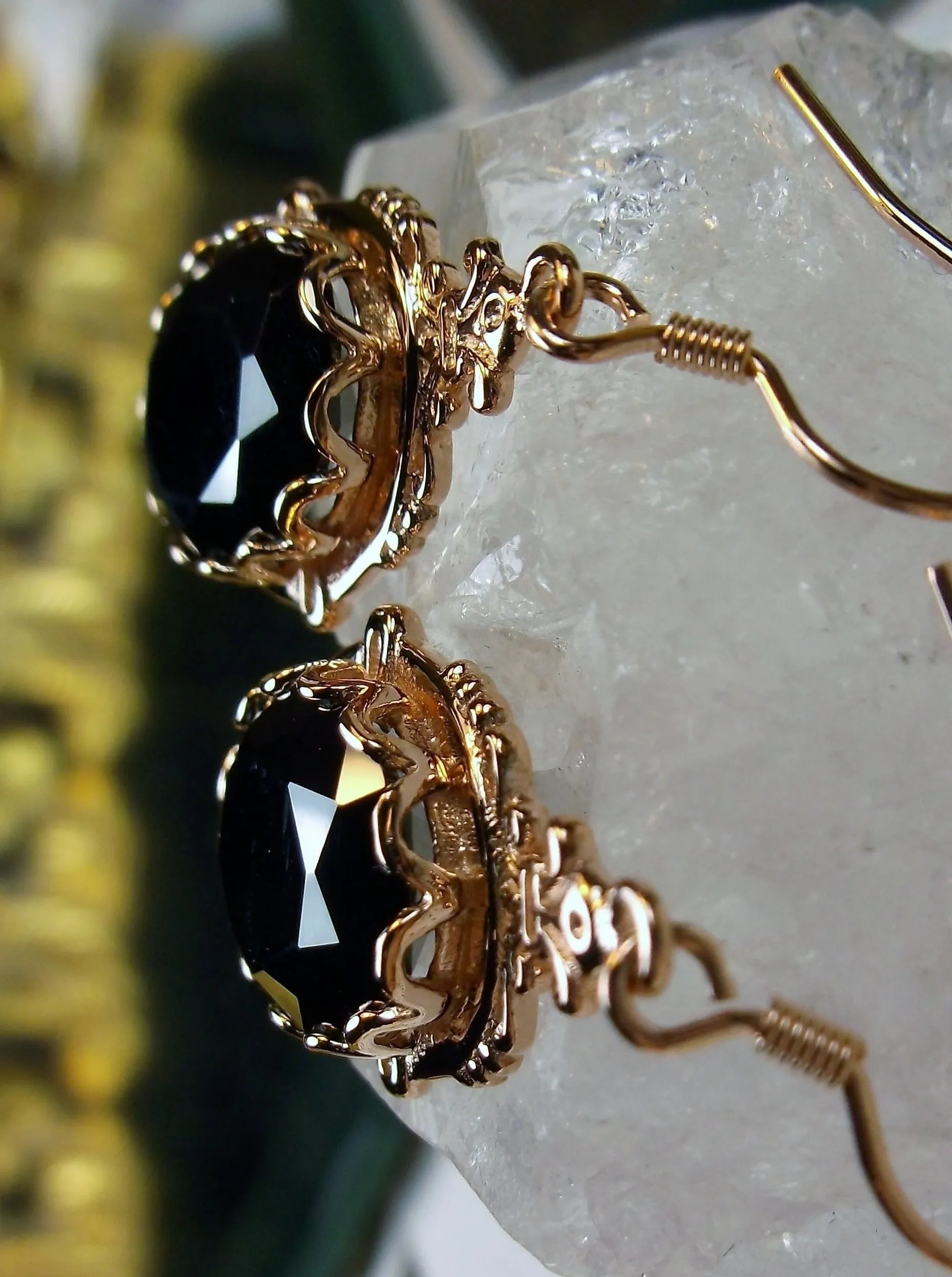 Black Onyx Earrings, Rose Gold plated-Natural Black Onyx or Black CZ, Victorian Jewelry #E18