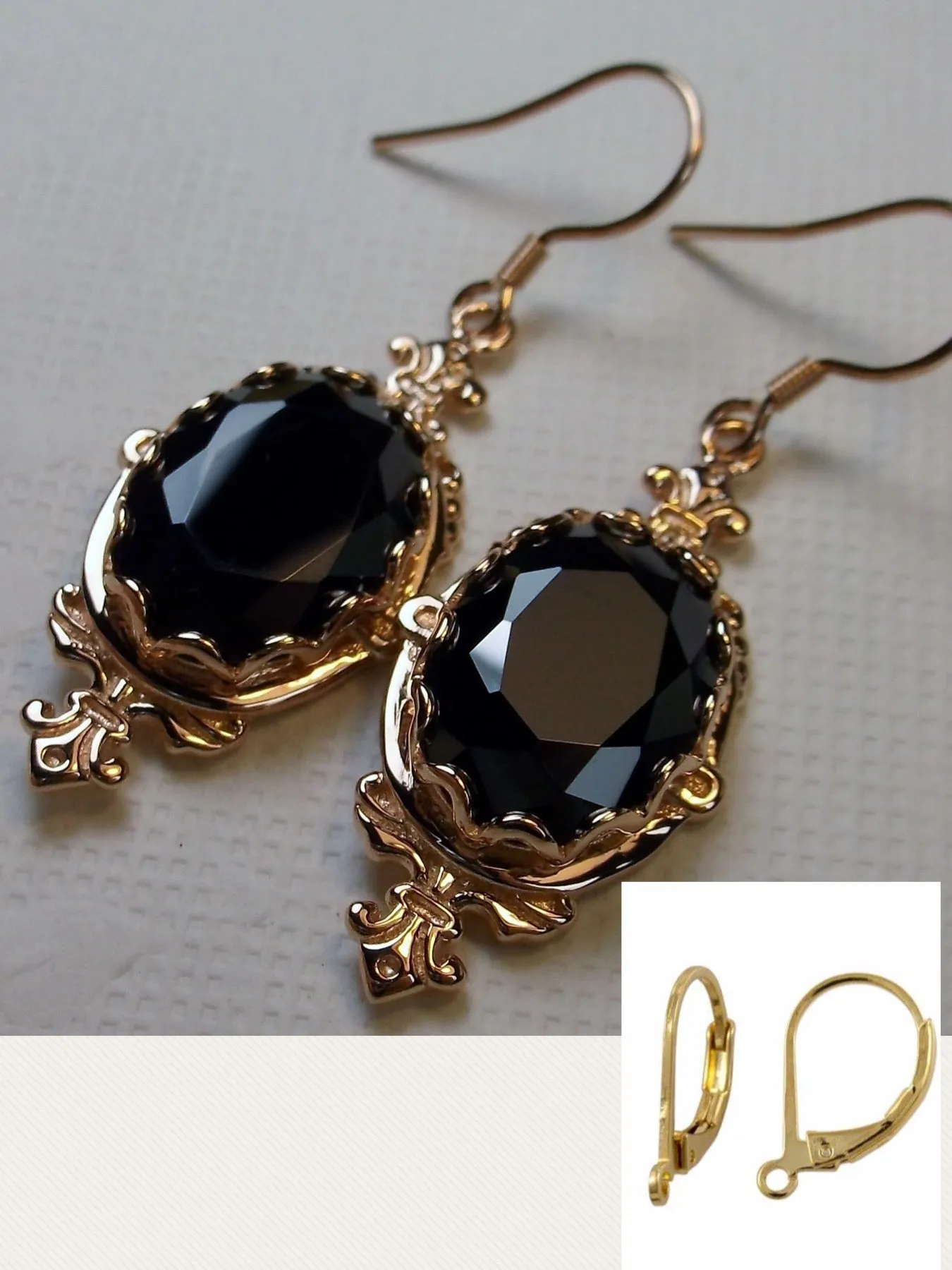 Black Onyx Earrings, Rose Gold plated-Natural Black Onyx or Black CZ, Victorian Jewelry #E18