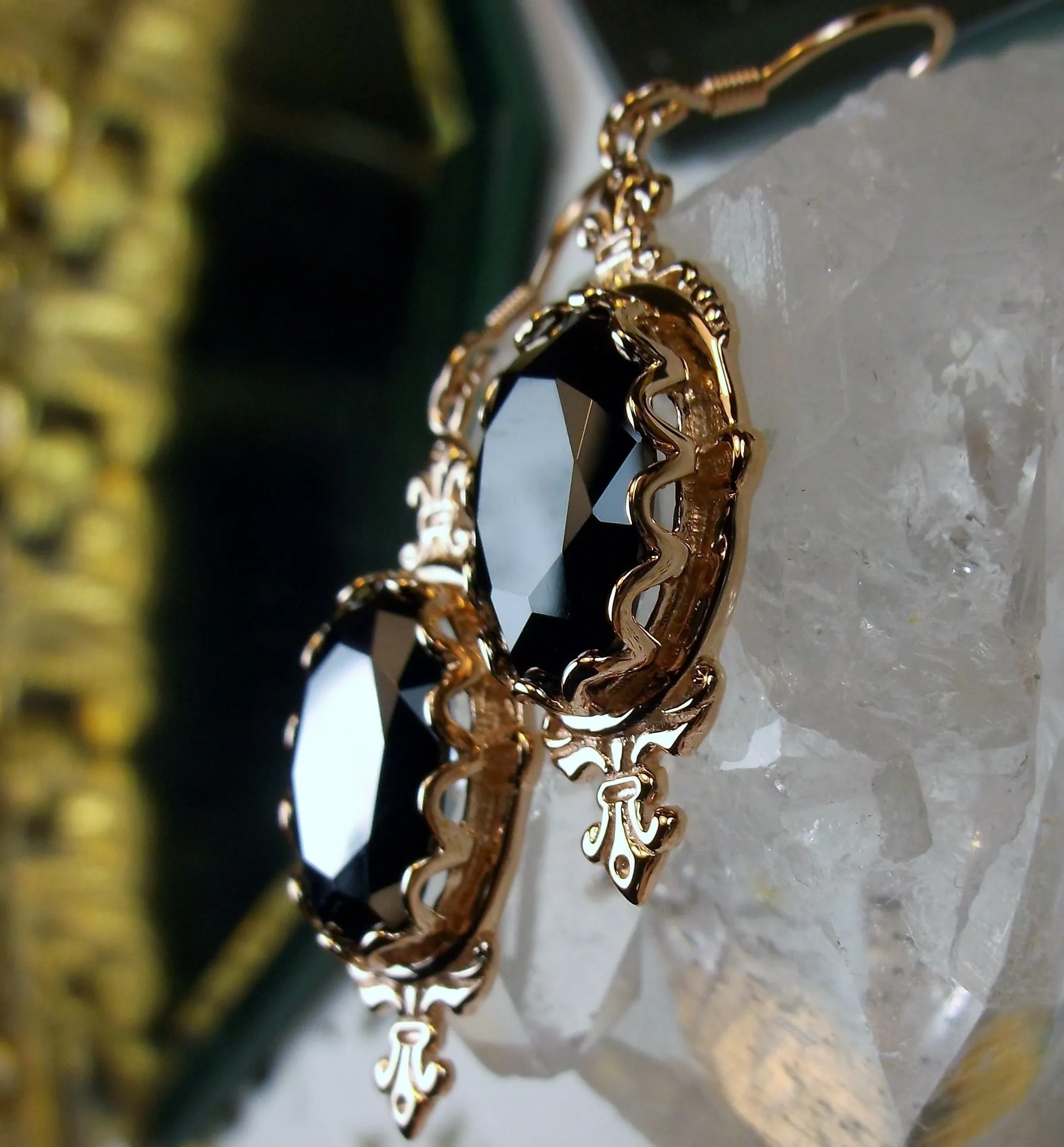 Black Onyx Earrings, Rose Gold plated-Natural Black Onyx or Black CZ, Victorian Jewelry #E18