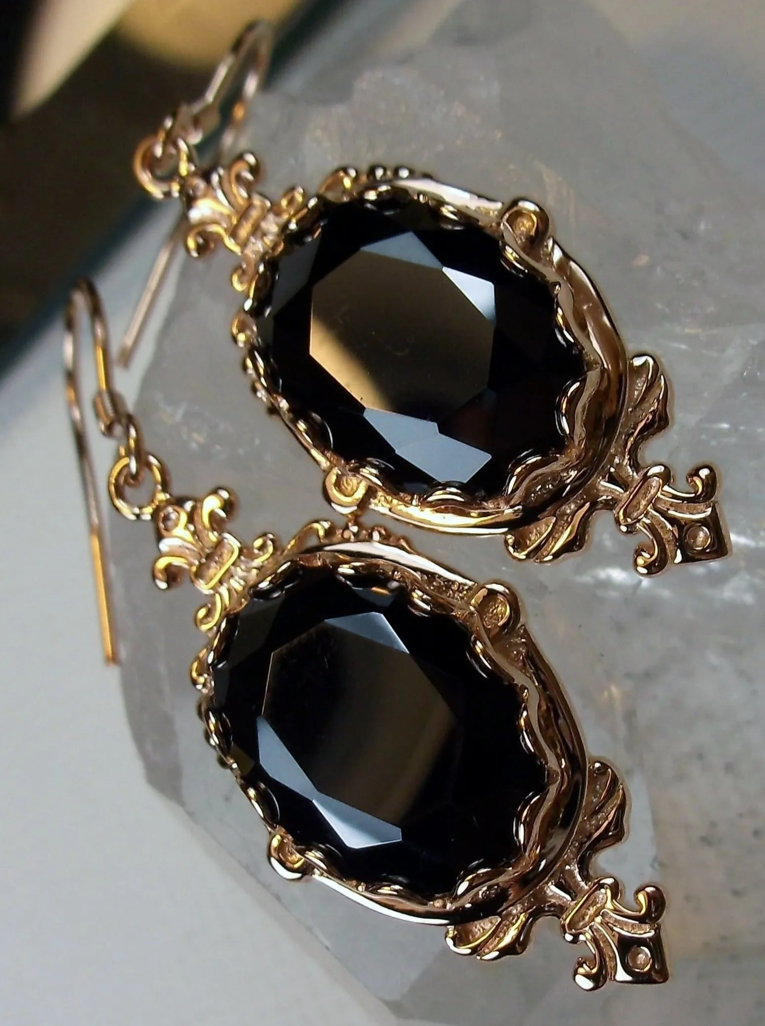Black Onyx Earrings, Rose Gold plated-Natural Black Onyx or Black CZ, Victorian Jewelry #E18