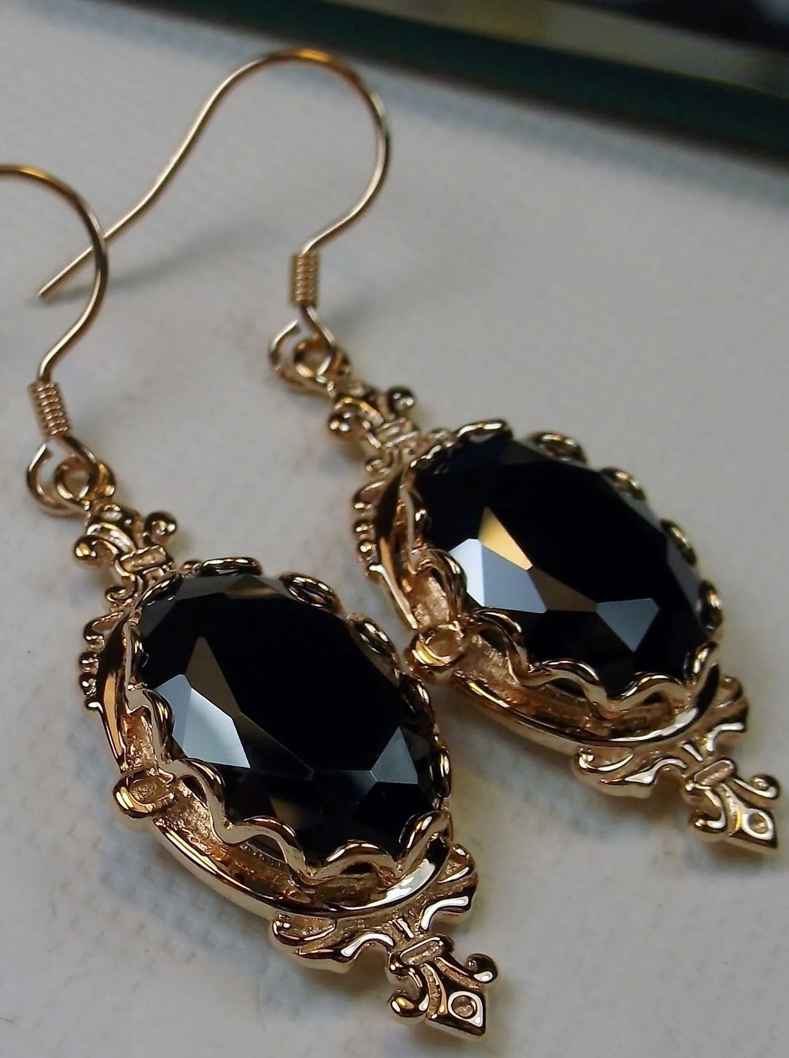 Black Onyx Earrings, Rose Gold plated-Natural Black Onyx or Black CZ, Victorian Jewelry #E18