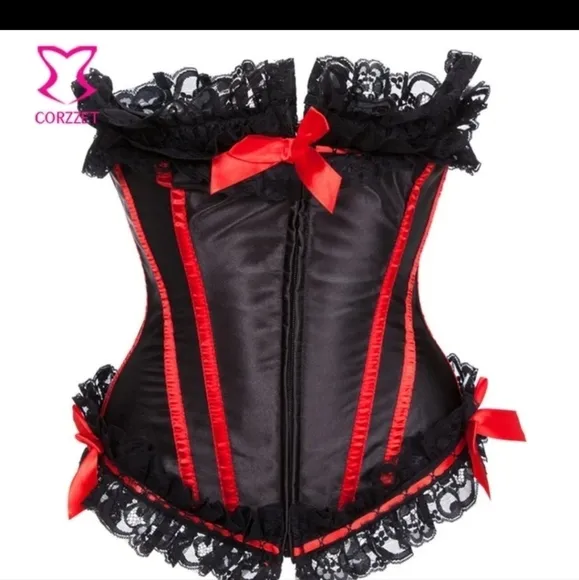Black Satin Lace Rim With Red Boning Trimmed Victorian Bustier Corset Sexy