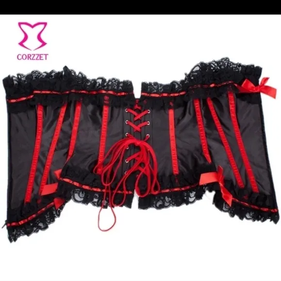 Black Satin Lace Rim With Red Boning Trimmed Victorian Bustier Corset Sexy