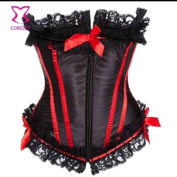 Black Satin Lace Rim With Red Boning Trimmed Victorian Bustier Corset Sexy