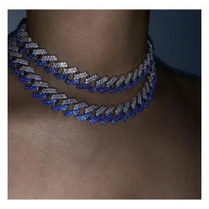 Blue  cuban Choker Necklace ,  blue choker Iced cuban
