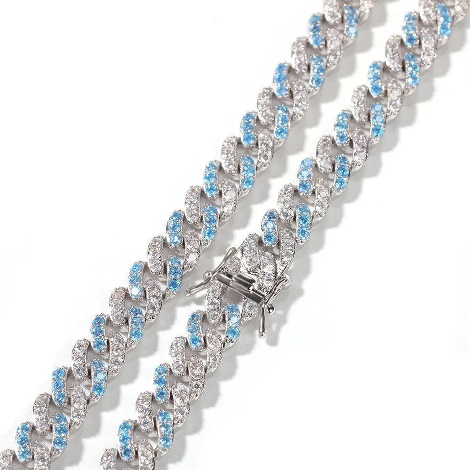 Blue cuban Choker Necklace ,Silver /blue Cuban Link With White &blue Cubic Zirconia Chain Jewelry , blue cz choker , bling choker
