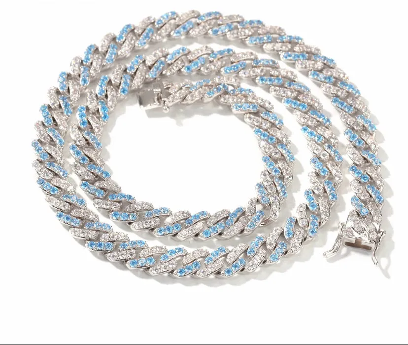 Blue cuban Choker Necklace ,Silver /blue Cuban Link With White &blue Cubic Zirconia Chain Jewelry , blue cz choker , bling choker