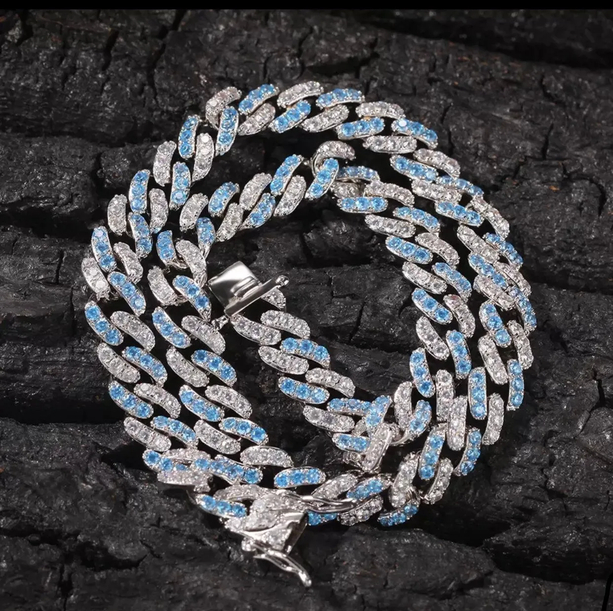 Blue cuban Choker Necklace ,Silver /blue Cuban Link With White &blue Cubic Zirconia Chain Jewelry , blue cz choker , bling choker