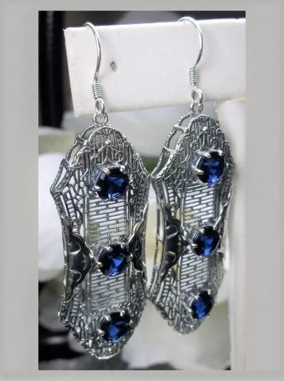 Blue Sapphire Earrings, Triple Gems, Edwardian Jewelry E42