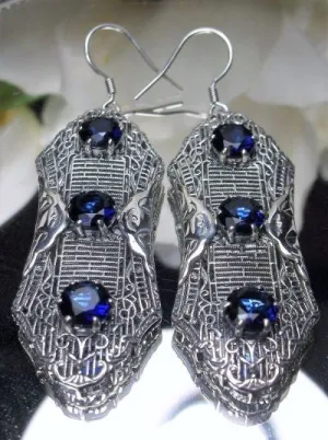 Blue Sapphire Earrings, Triple Gems, Edwardian Jewelry E42