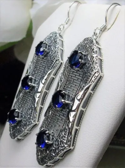 Blue Sapphire Earrings, Triple Gems, Edwardian Jewelry E42