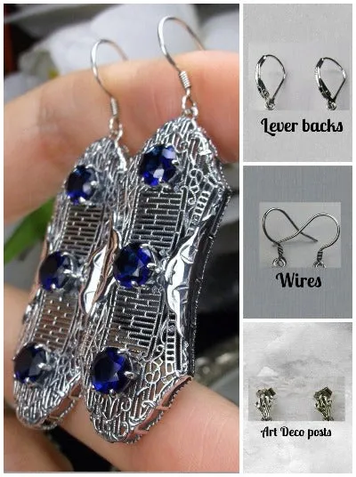 Blue Sapphire Earrings, Triple Gems, Edwardian Jewelry E42
