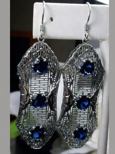 Blue Sapphire Earrings, Triple Gems, Edwardian Jewelry E42