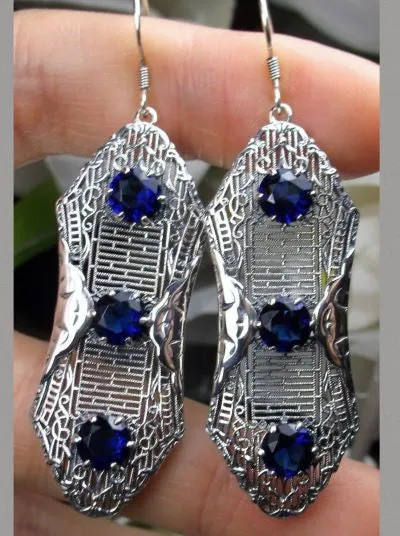 Blue Sapphire Earrings, Triple Gems, Edwardian Jewelry E42