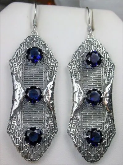Blue Sapphire Earrings, Triple Gems, Edwardian Jewelry E42