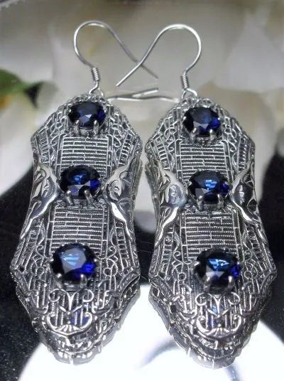 Blue Sapphire Earrings, Triple Gems, Edwardian Jewelry E42