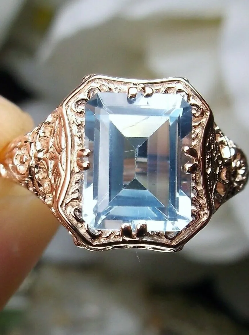 Blue Topaz Ring, 14K or 10K Gold, Lovely Rectangle Edwardian Jewelry #D148