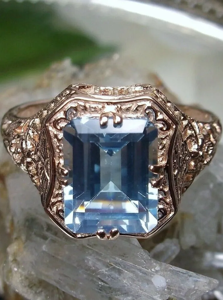 Blue Topaz Ring, 14K or 10K Gold, Lovely Rectangle Edwardian Jewelry #D148