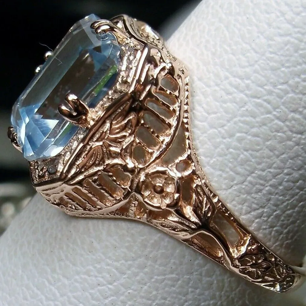Blue Topaz Ring, 14K or 10K Gold, Lovely Rectangle Edwardian Jewelry #D148
