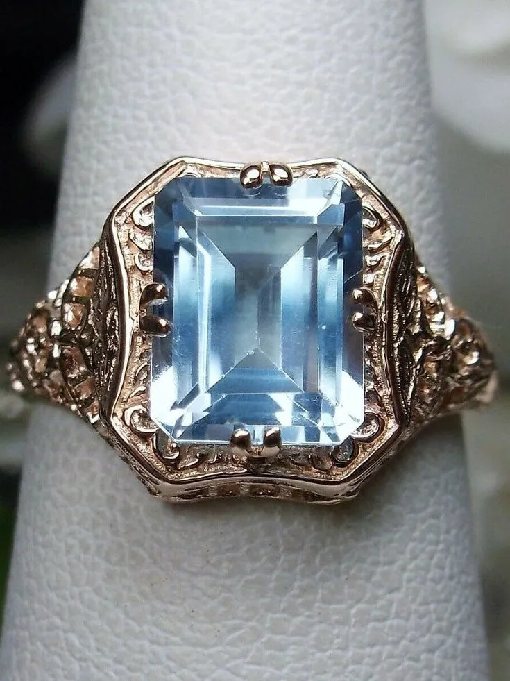 Blue Topaz Ring, 14K or 10K Gold, Lovely Rectangle Edwardian Jewelry #D148