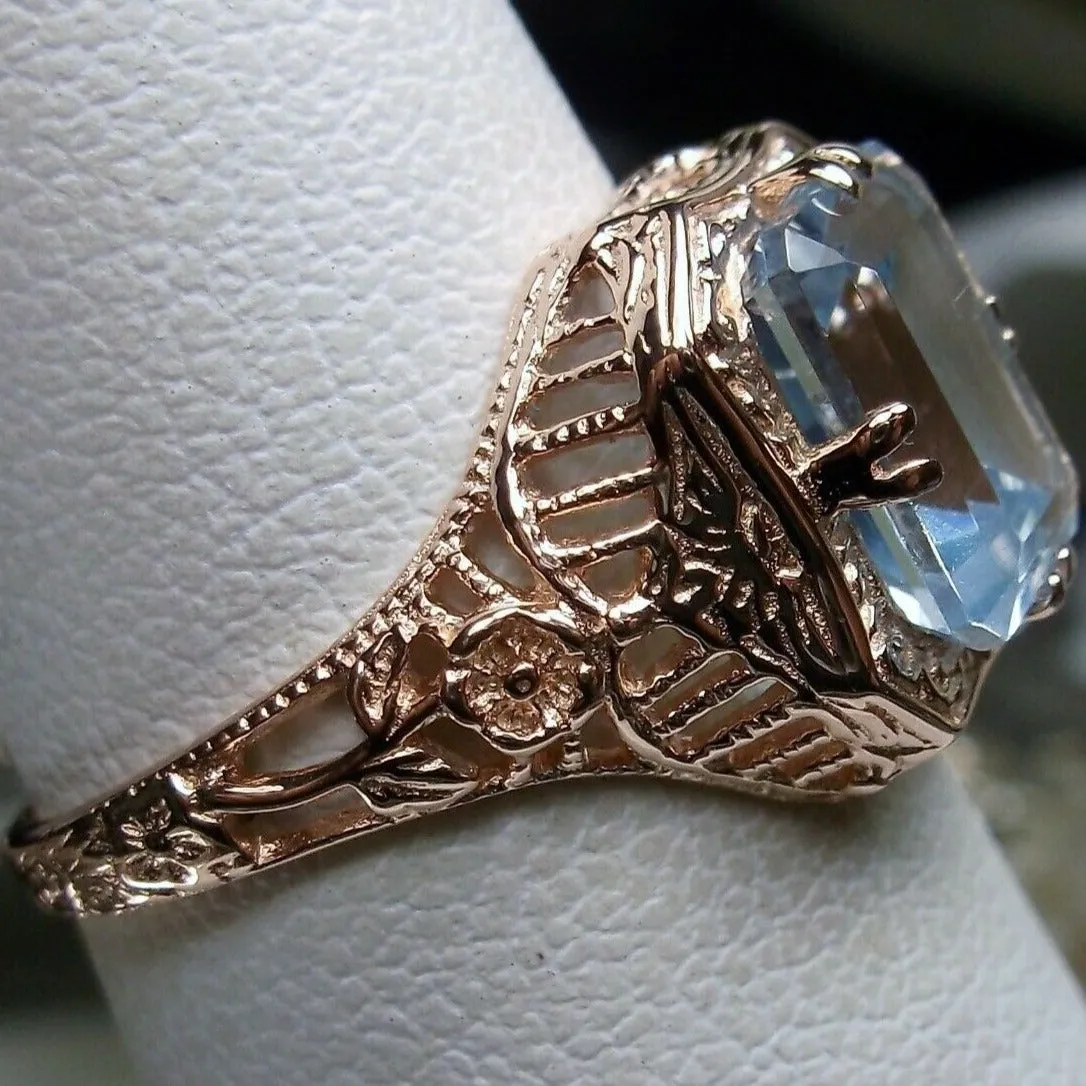 Blue Topaz Ring, 14K or 10K Gold, Lovely Rectangle Edwardian Jewelry #D148