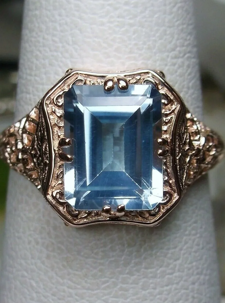 Blue Topaz Ring, 14K or 10K Gold, Lovely Rectangle Edwardian Jewelry #D148
