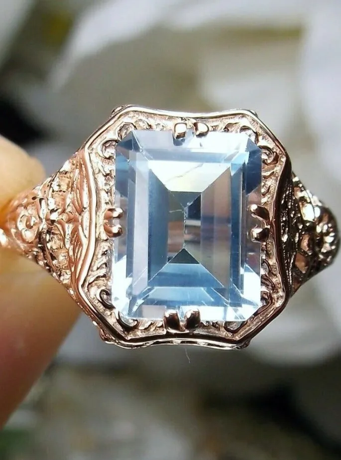 Blue Topaz Ring, 14K or 10K Gold, Lovely Rectangle Edwardian Jewelry #D148