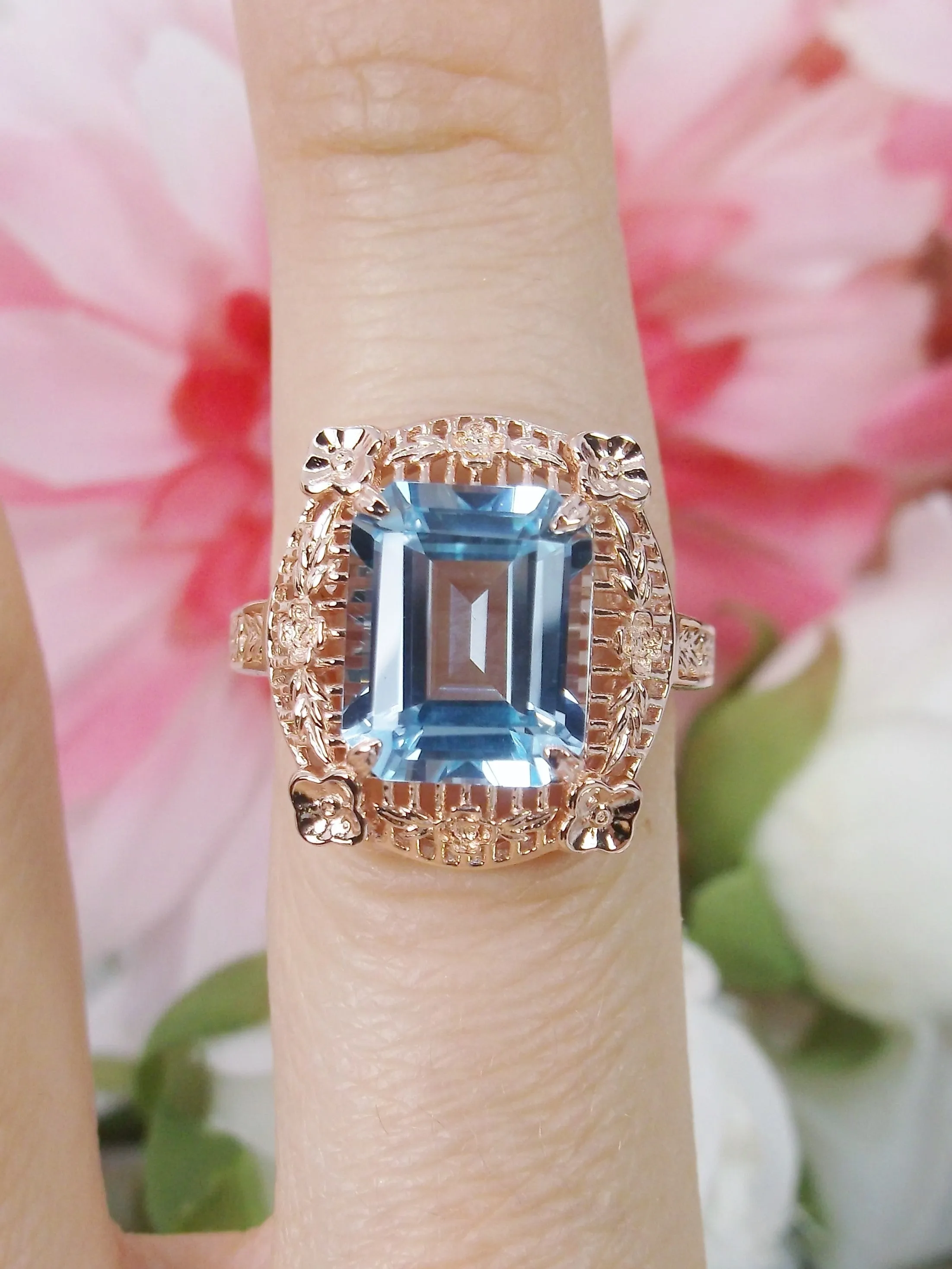 Blue Topaz Ring, Natural Gemstone, Rose Gold, Victorian Jewelry #D227