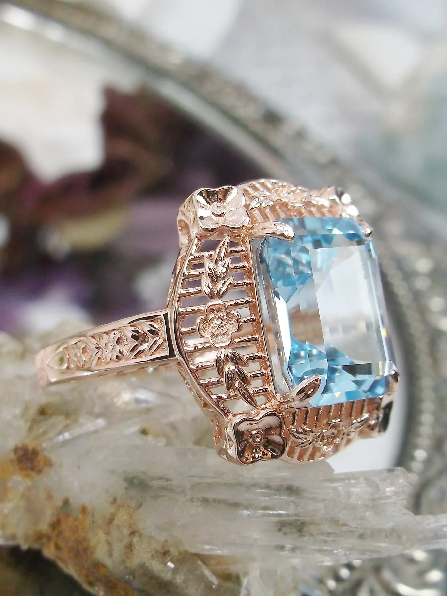 Blue Topaz Ring, Natural Gemstone, Rose Gold, Victorian Jewelry #D227