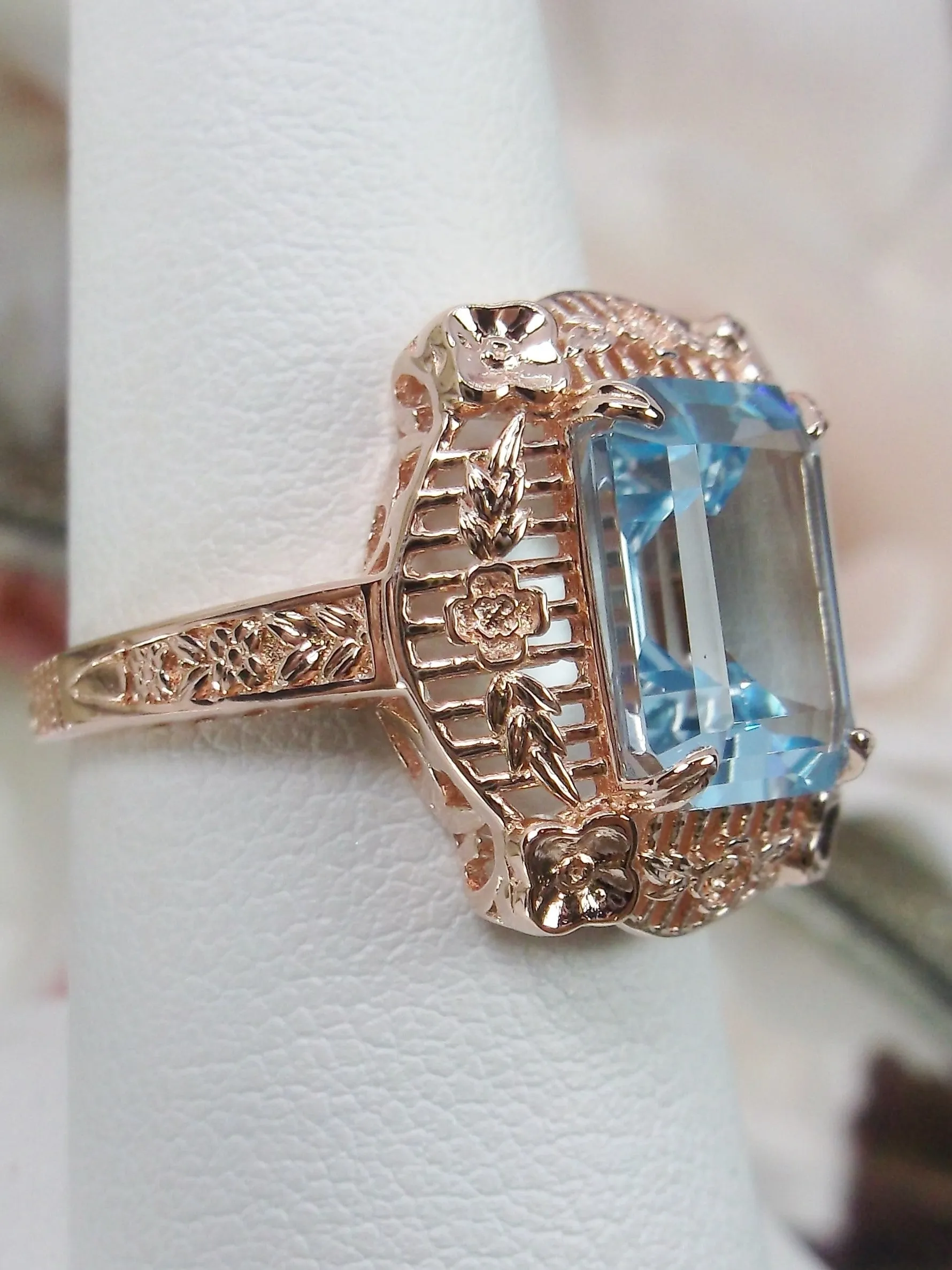 Blue Topaz Ring, Natural Gemstone, Rose Gold, Victorian Jewelry #D227