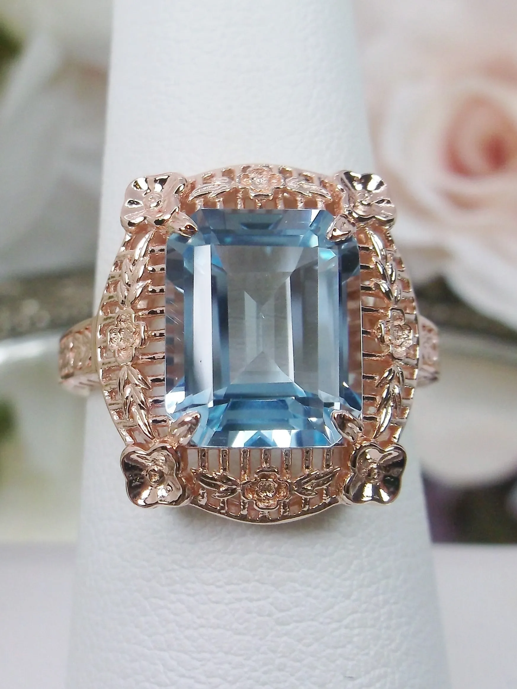 Blue Topaz Ring, Natural Gemstone, Rose Gold, Victorian Jewelry #D227