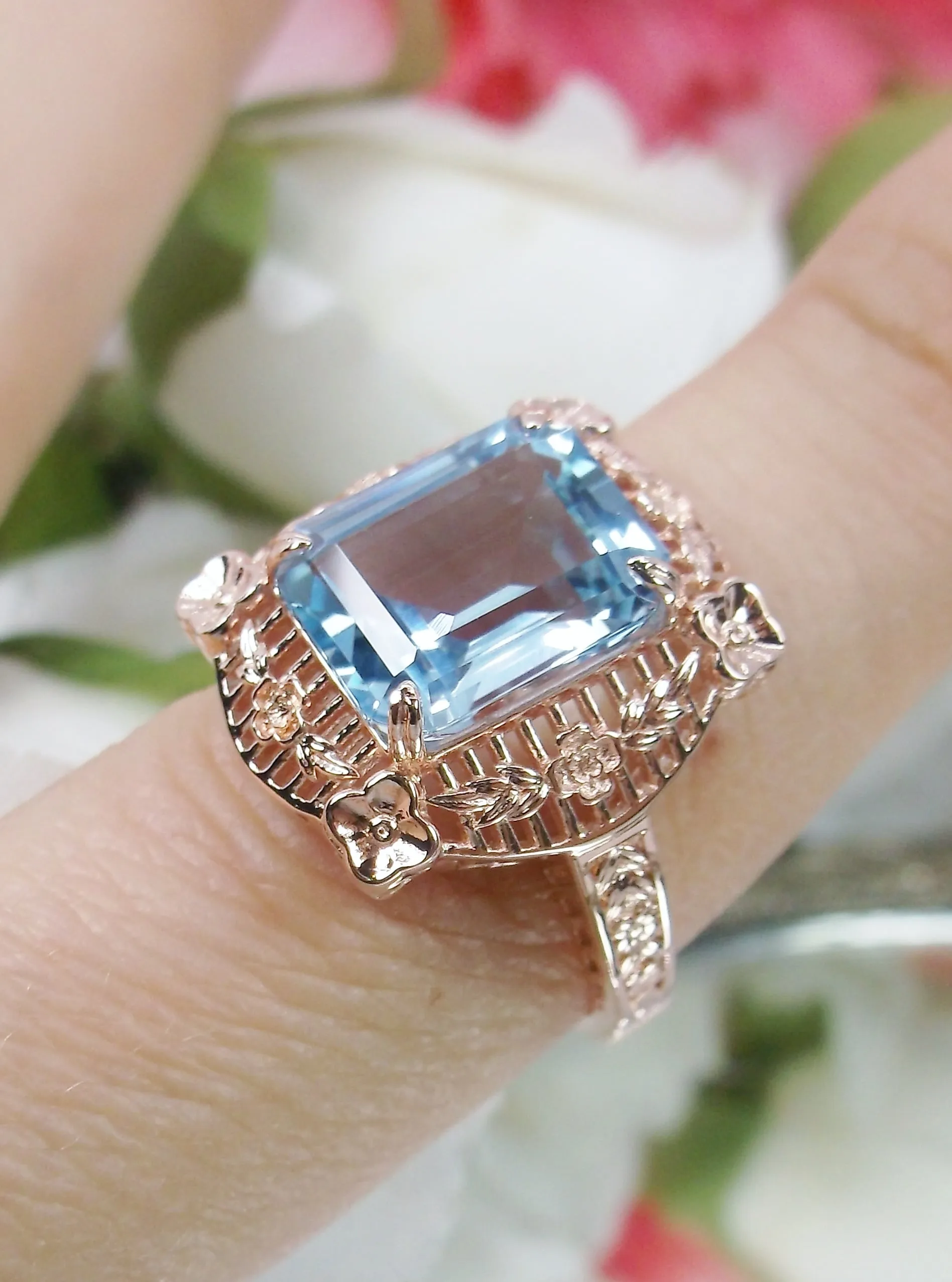 Blue Topaz Ring, Natural Gemstone, Rose Gold, Victorian Jewelry #D227