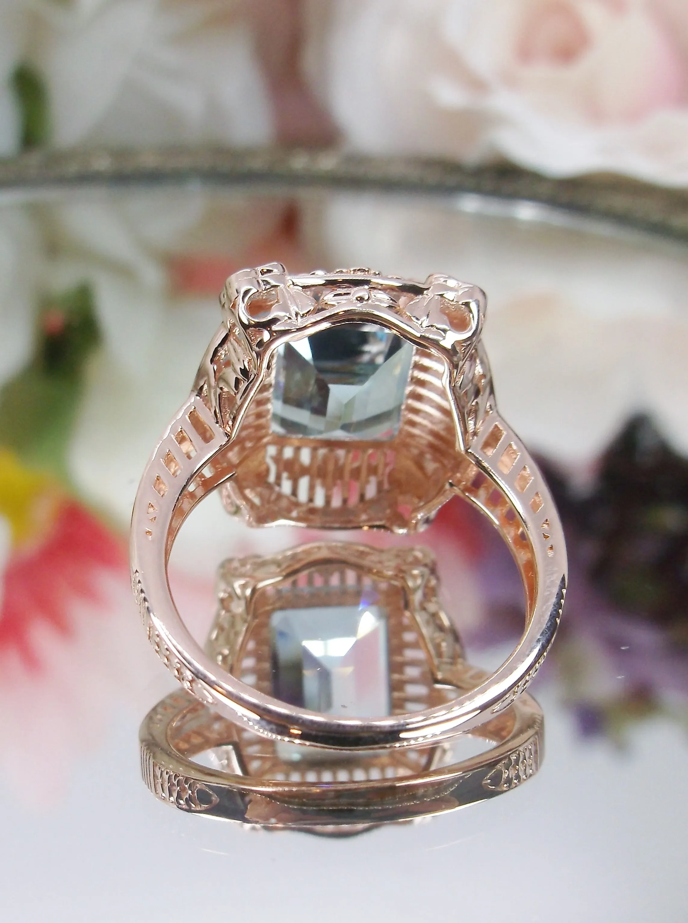 Blue Topaz Ring, Natural Gemstone, Rose Gold, Victorian Jewelry #D227