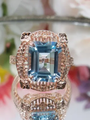 Blue Topaz Ring, Natural Gemstone, Rose Gold, Victorian Jewelry #D227
