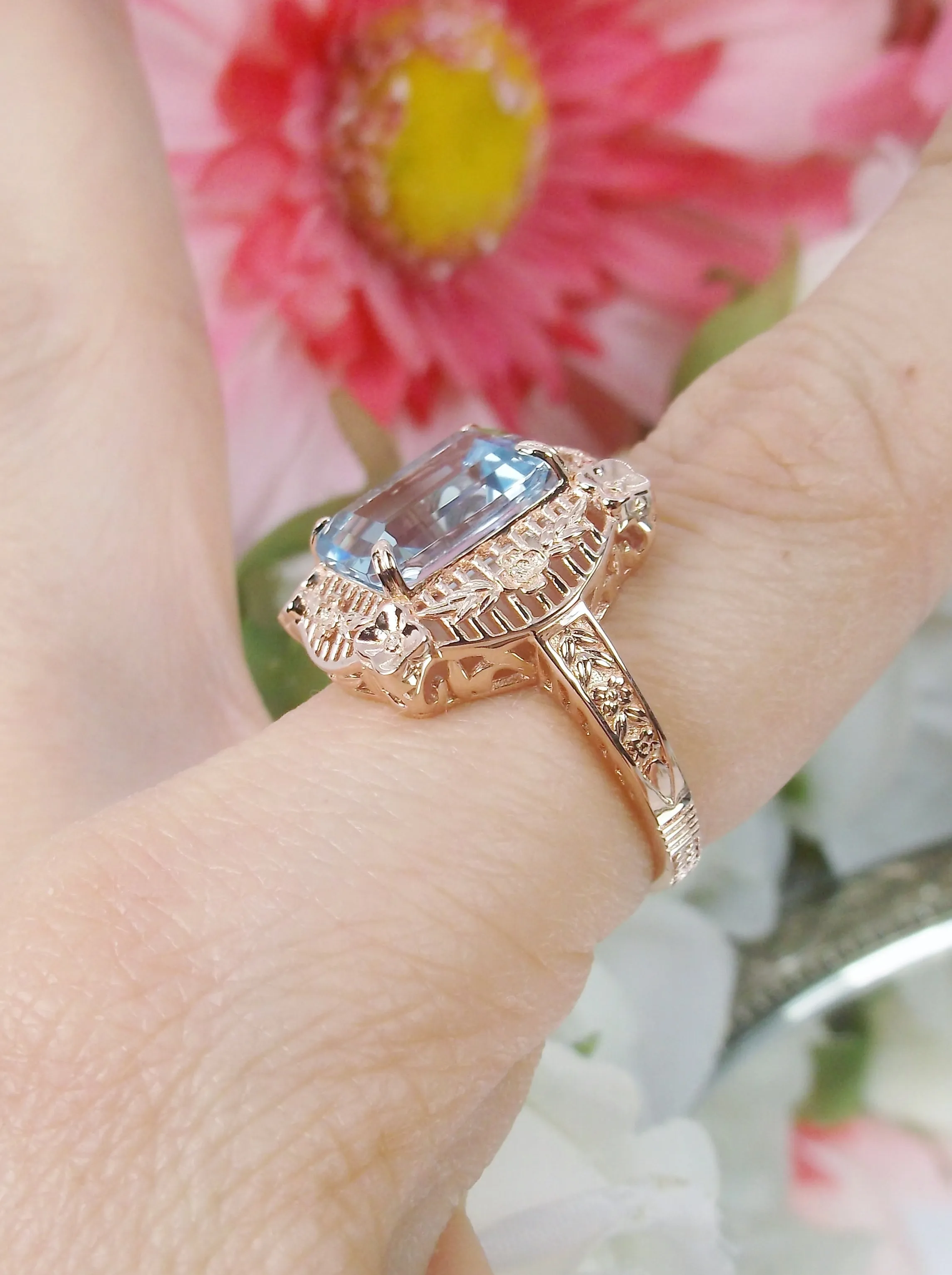 Blue Topaz Ring, Natural Gemstone, Rose Gold, Victorian Jewelry #D227