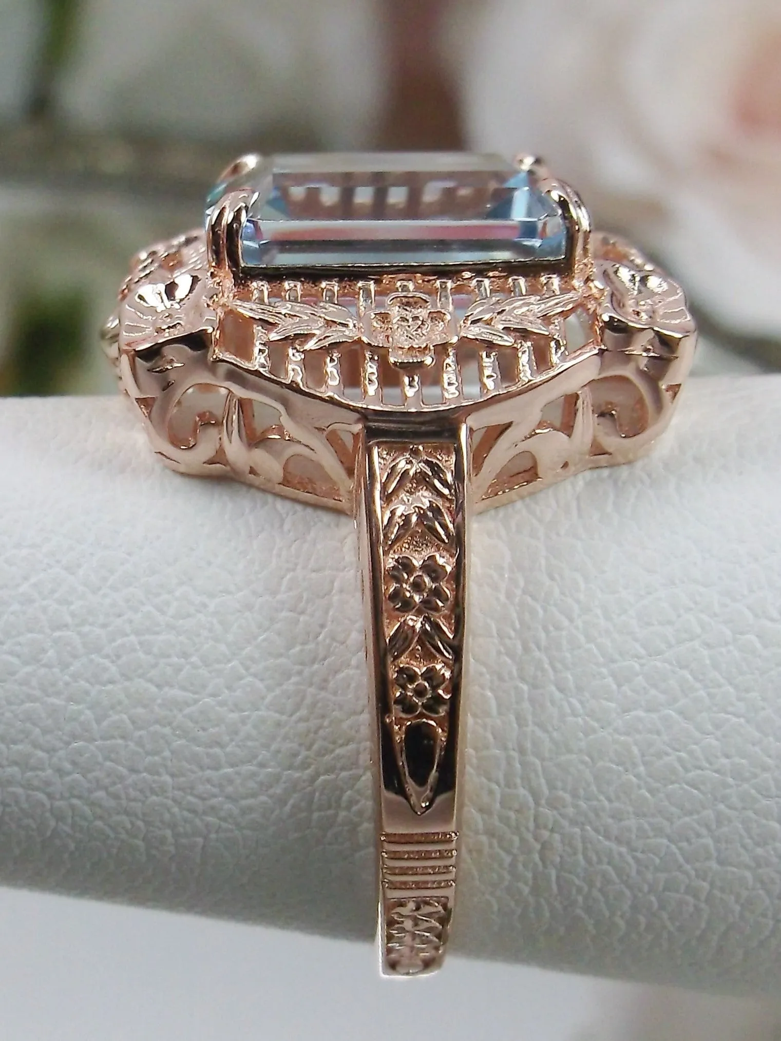 Blue Topaz Ring, Natural Gemstone, Rose Gold, Victorian Jewelry #D227