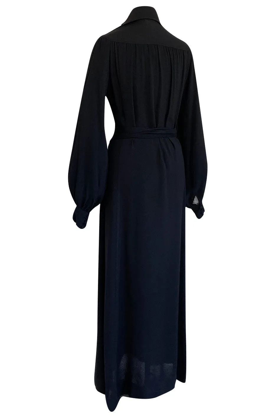 c.1969 Ossie Clark Black Moss Crepe Dress w Bishop Sleeves, Button Front & Dog Ear Collar